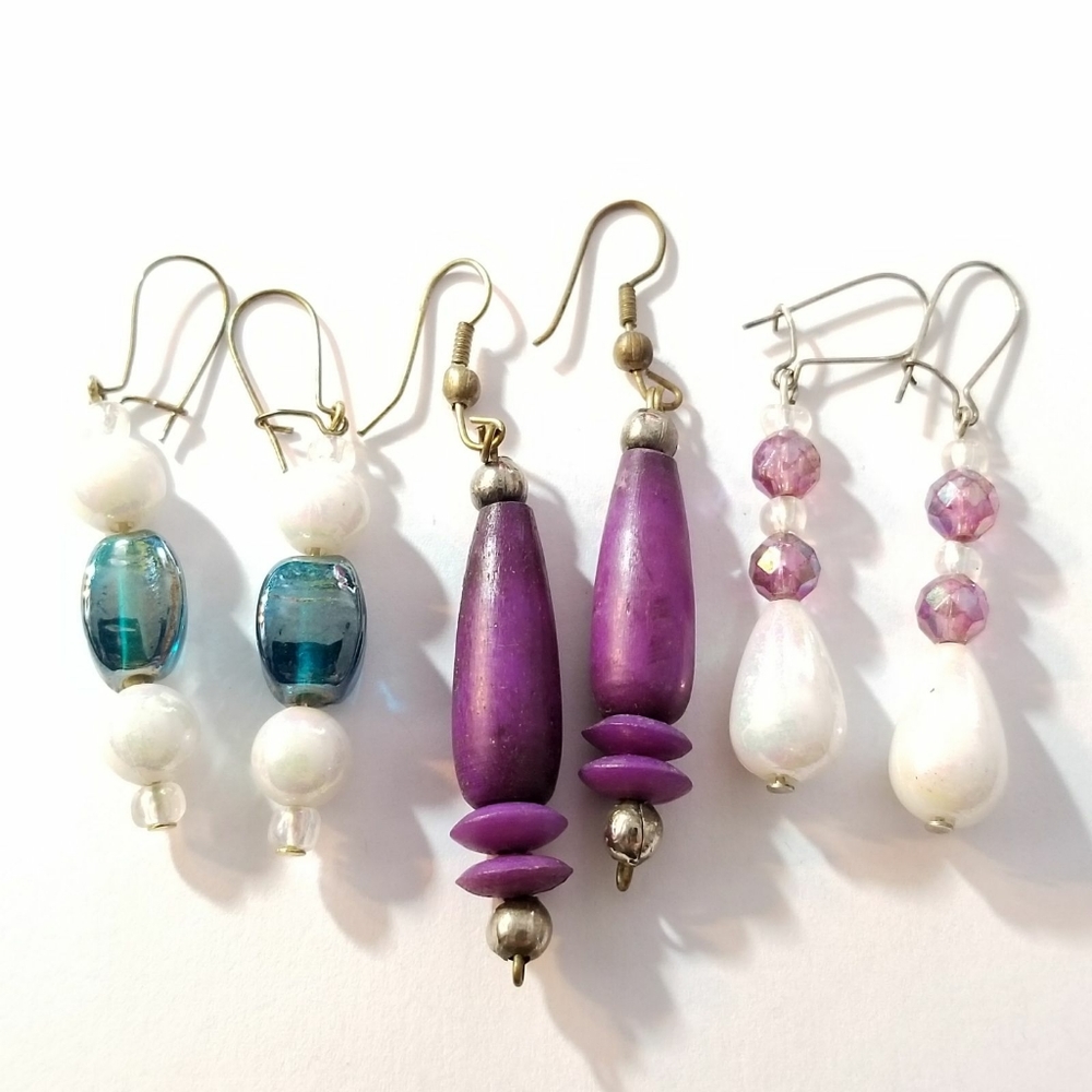 3 pairs beaded Earrings pink purple blue